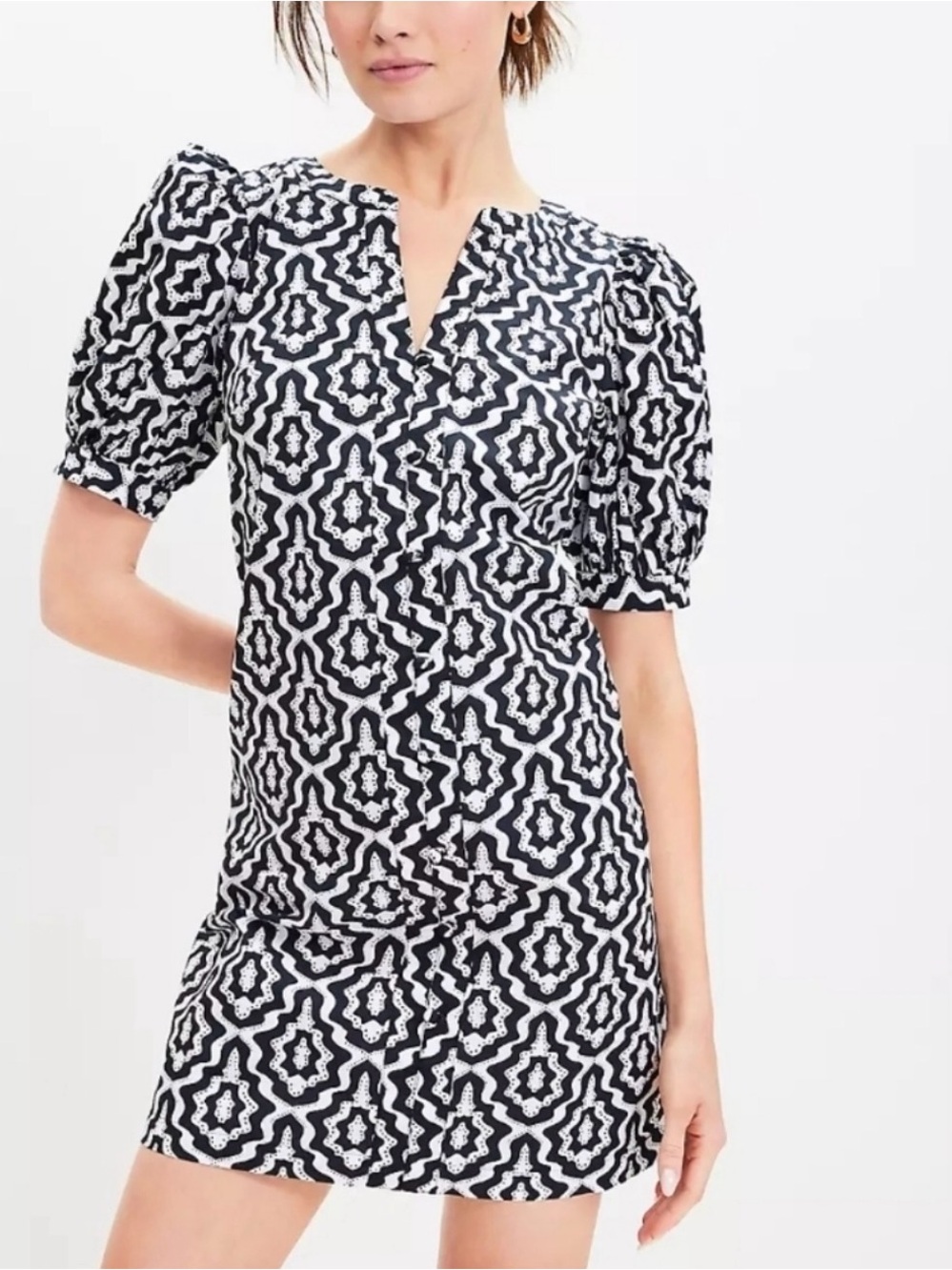 LOFT Black White Print Cotton Shift Dress S Puff Sleeve Back Zip Geometric Split